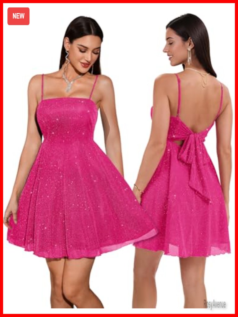 Sparkly Short Cocktail Dress With Bow Tie Back, Adjustable Straps